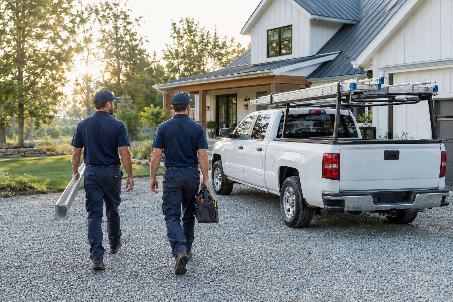 Two-person installation crew walking to their truck