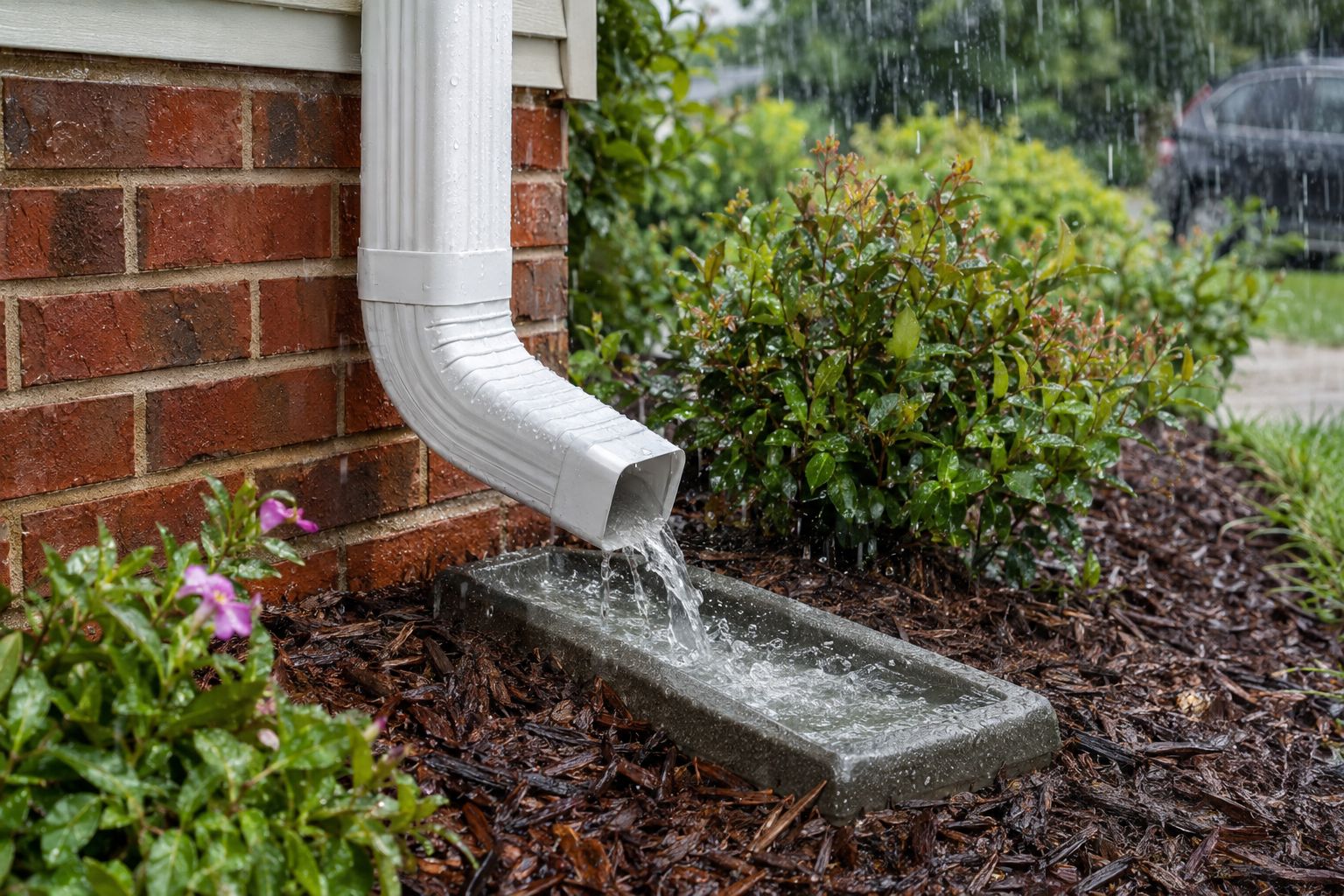 Rain flowing from a new downspout onto a splash block