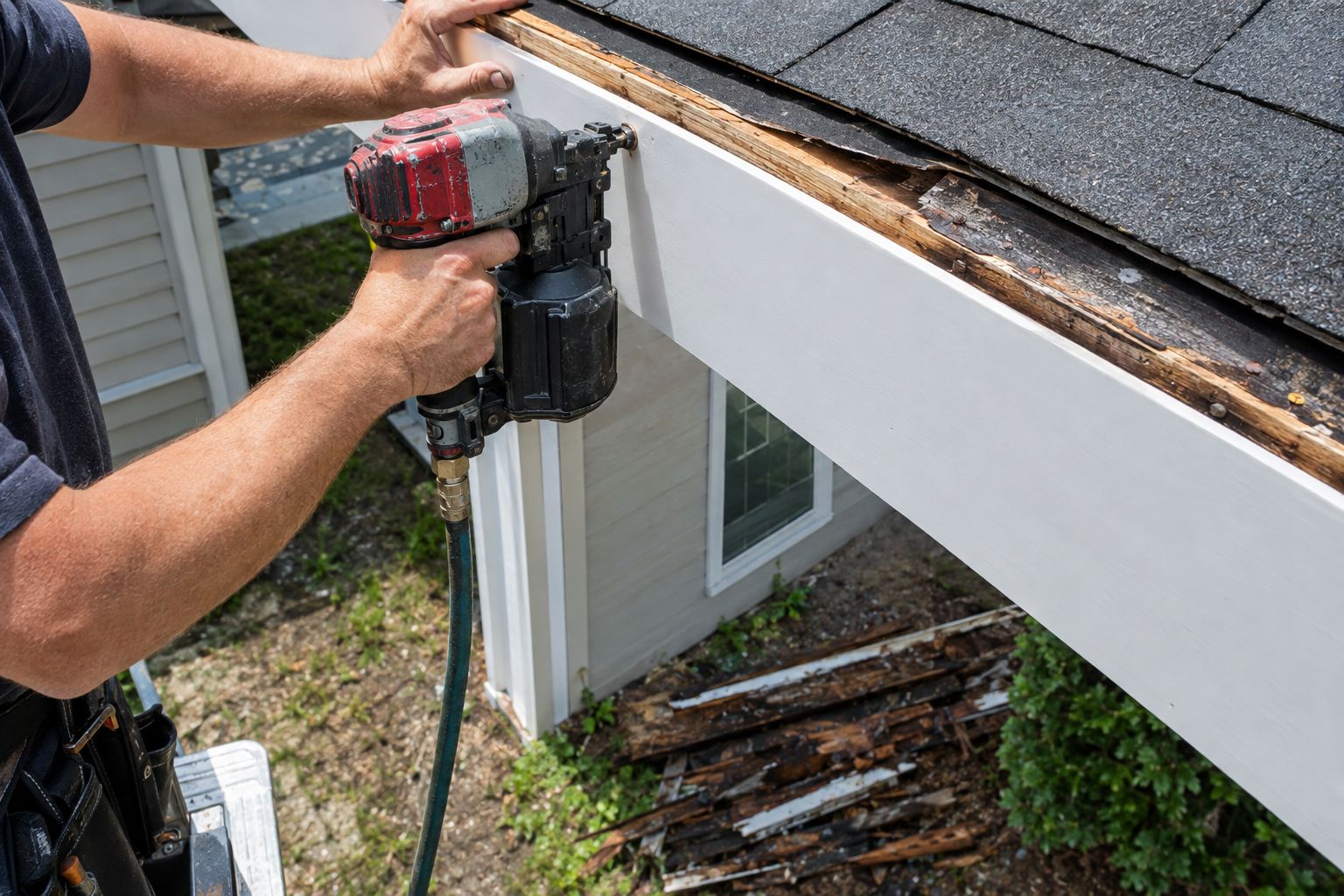 Carpenter replacing a fascia board before gutter install