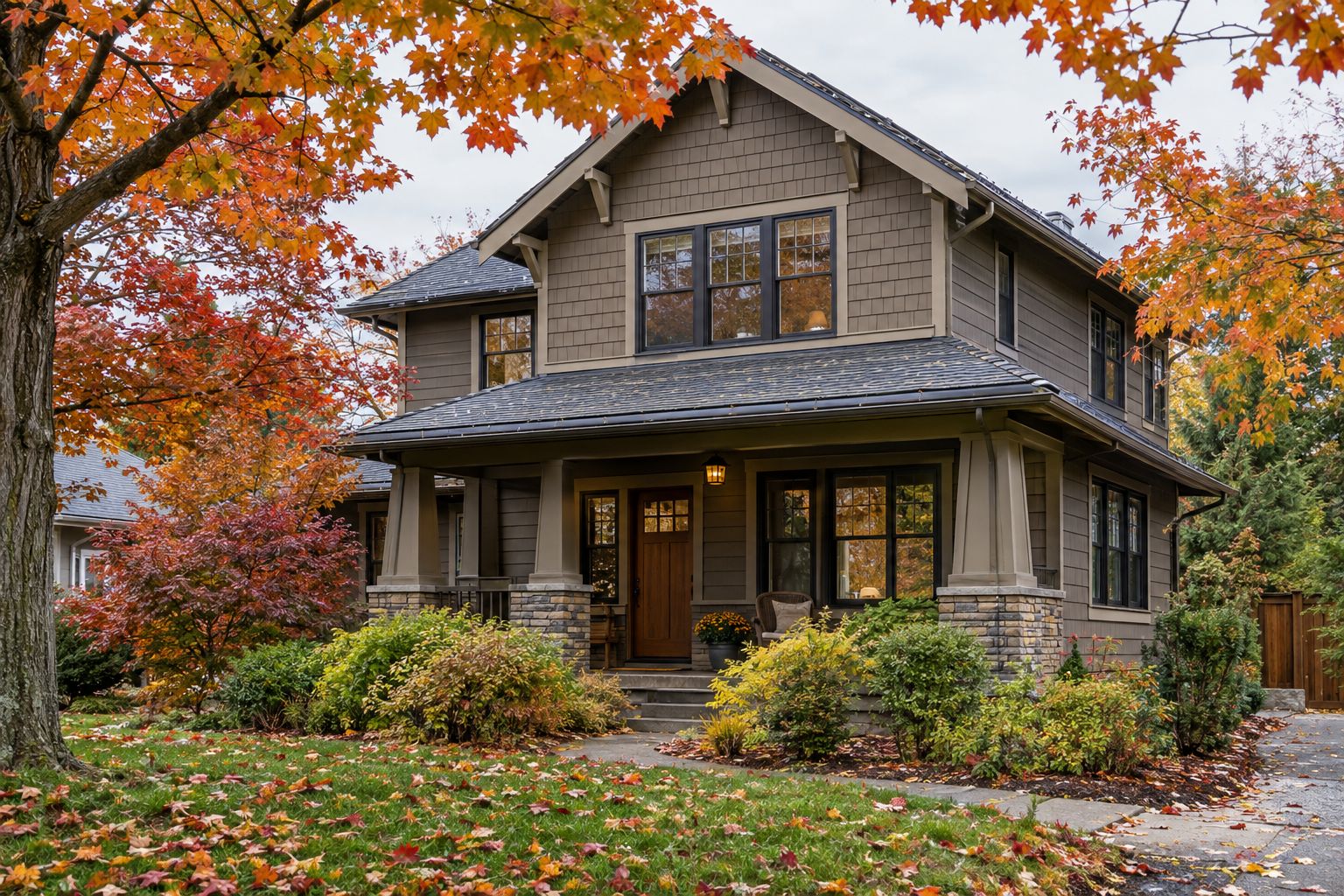 Craftsman home in autumn with leaf guards on gutters